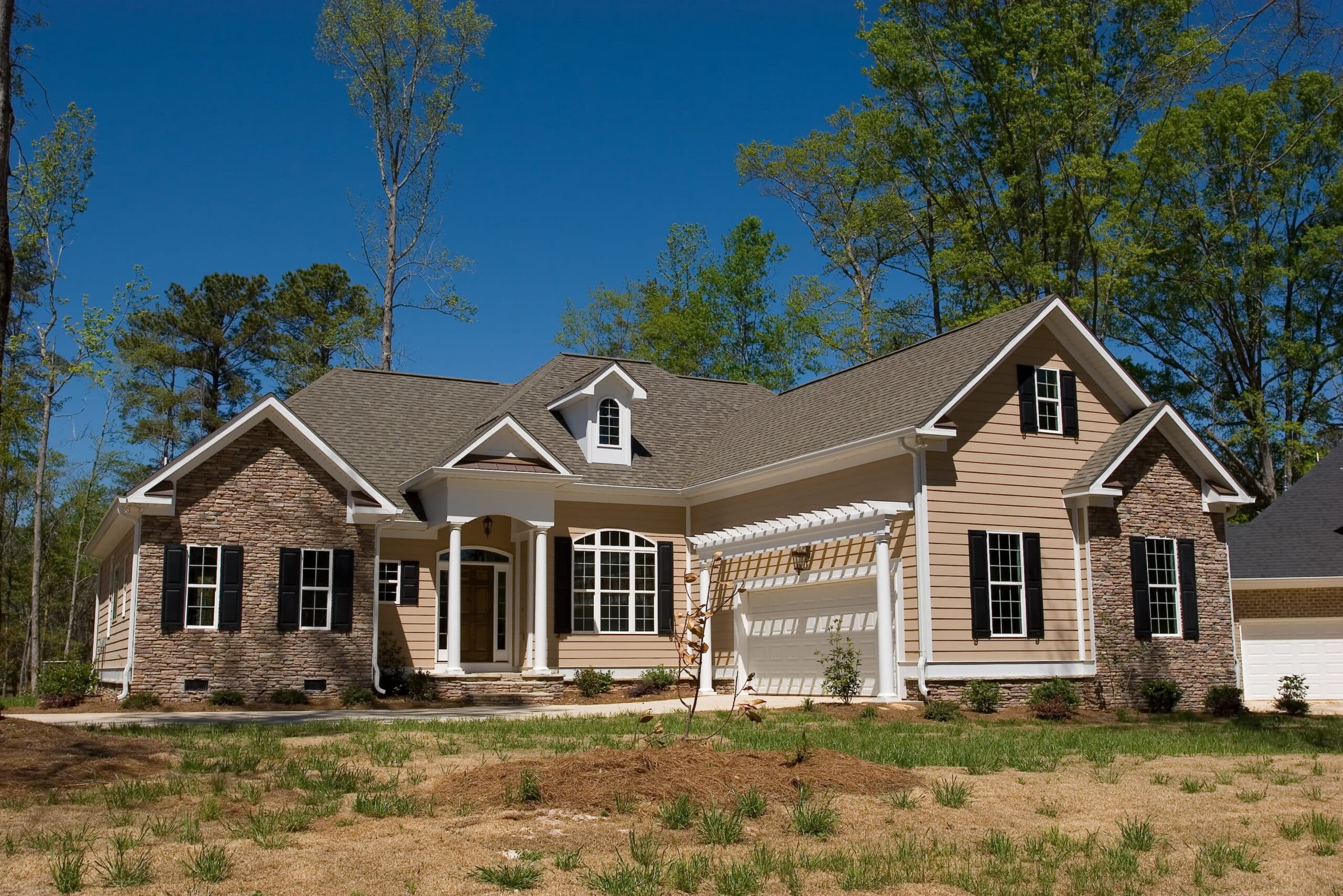 Two-story home with a covered porch and landscaped yard